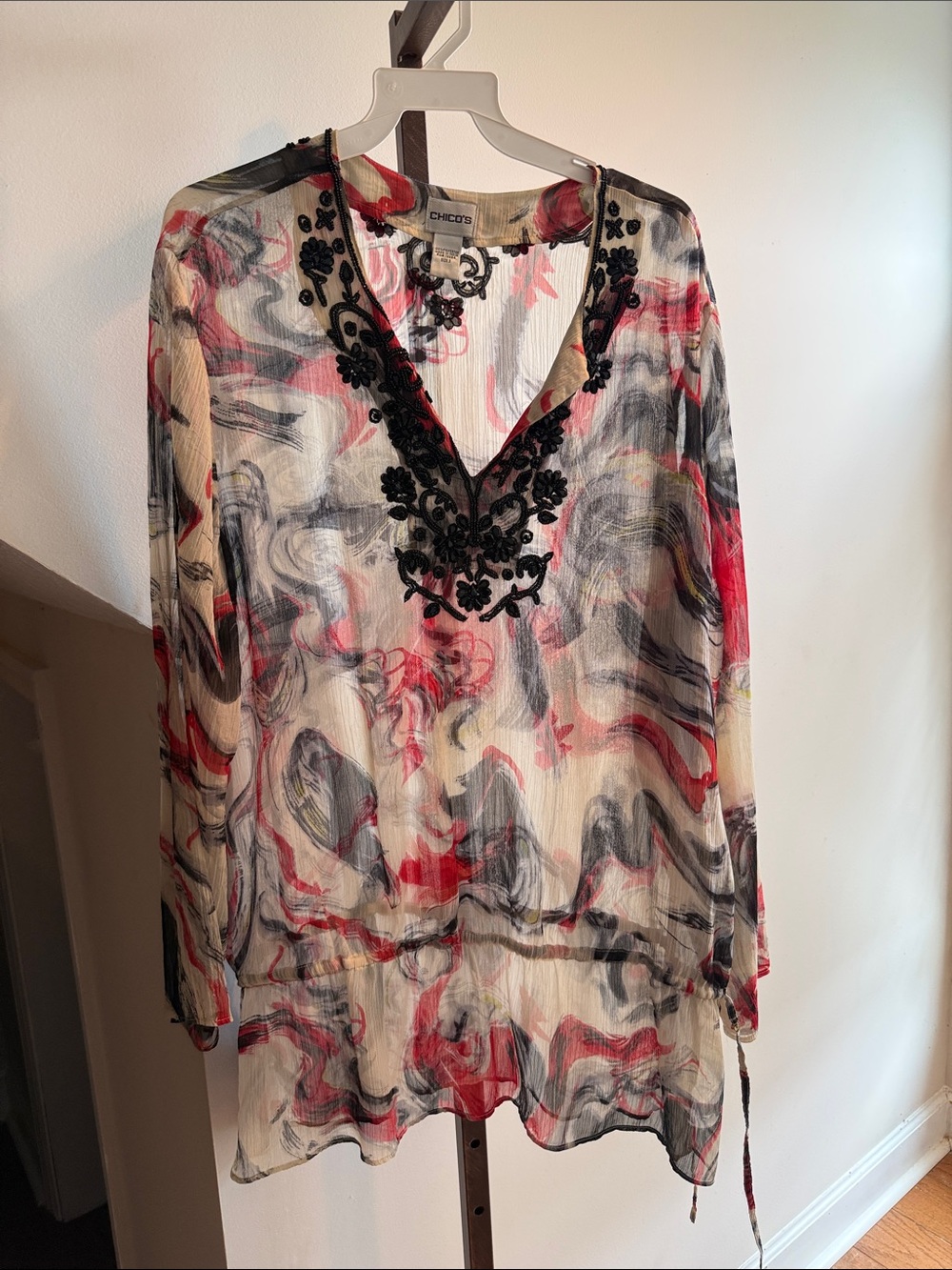 Chico's Red, Black & Cream Watercolor V-Neck Tunic with Black Embroidery